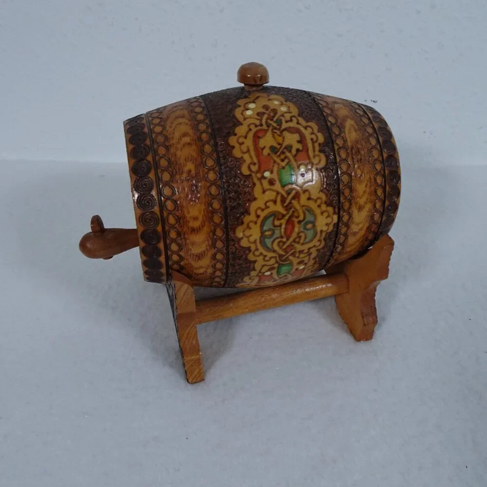 Vintage Wood Miniature Keg Decorative Handmade Beer Barrel & Stand Painted 70s